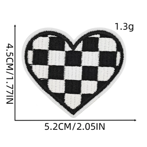 Embroidered black and white checkerboard heart patch with 4.5cm x 5.2cm dimensions