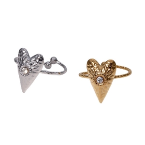 Polished gold and silver heart-shaped relief rings with round cubic zirconia stones