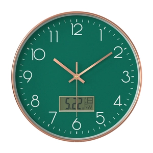 14-inch dark green wall clock with rose gold frame and LCD calendar display