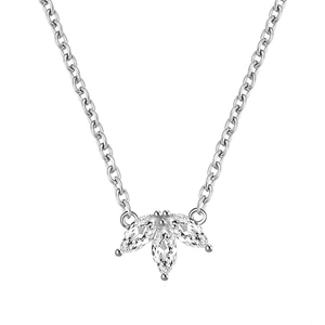 Macro shot of S925 silver clover necklace with marquise cut zircon pendant on white base