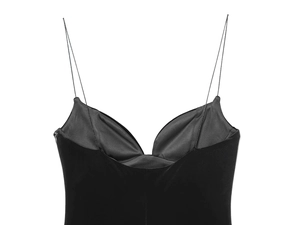 Close-up of black velvet bodysuit featuring delicate spaghetti straps and soft texture