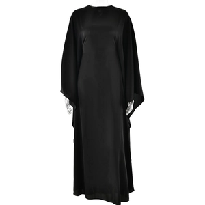 Elegant black satin long dress with batwing sleeves and a loose, flowing minimalist silhouette