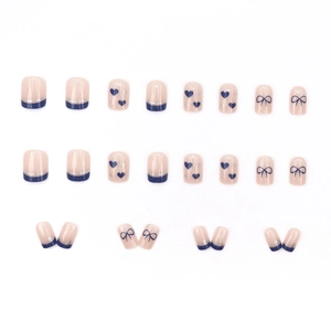 French blue bow heart press-on nails set with nude base and silver glitter accents