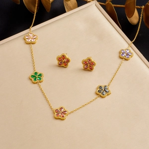 Stainless Steel Jewelry Necklace And Stud Earrings For Women Gold Plated Colorful Crystal Floral Flower Petal Retro Elegant