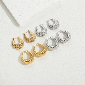 Chic geometric titanium steel hoop earrings in vintage floral and croissant textures
