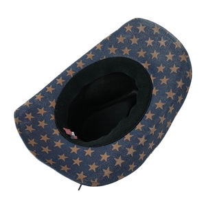 Détail d'un chapeau de paille de l'Ouest avec tissage bleu marine et étoiles marron
