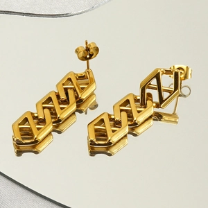 Golden stainless steel chain-link geometric earrings with Z-shaped interlocking design