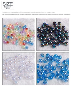 Macro detail of iridescent acrylic round beads in four colors for DIY jewelry making