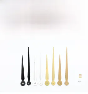 Macro detail of metal clock hands in black, gold, and bronze with mounting holes