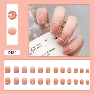 Gradient peach pink square press-on nails with cat paw prints and pearl charms, Z424 kit