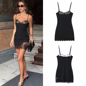 Sexy Black Lace Patchwork Mini Dress Backless Bodycon Spaghetti Strap V Neck Sleeveless Polyester Fashion
