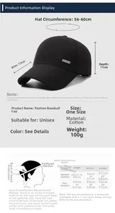 Guide des tailles pour casquette en coton noir incluant la visière et la circonférence