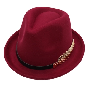 Chapeau Fedora classique en feutre de laine bordeaux pour hommes et femmes avec feuille d'or