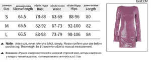 Detailed size chart for the sequin backless long sleeve mini dress in purple color