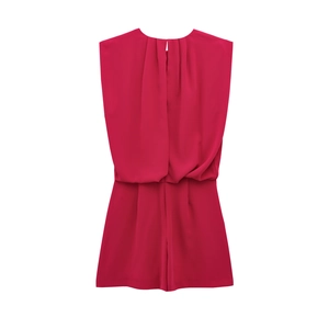 Elegant sleeveless red romper for women with gathered waist and draped back detail