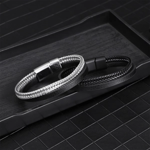 Men's leather rope bracelet set with magnetic clasp and stainless steel accents