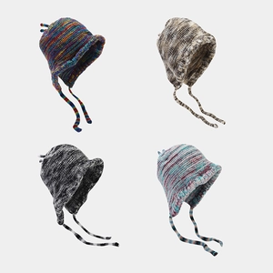 Mixed Color Acrylic Knitted Earflap Beanie Hat With Braided Straps Retro Chunky Crochet Winter Warm For Women Men