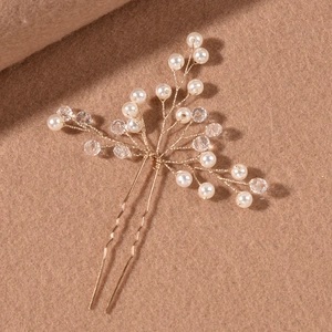 Handmade bridal hair pin with gold branch design, white pearls and clear crystal beads