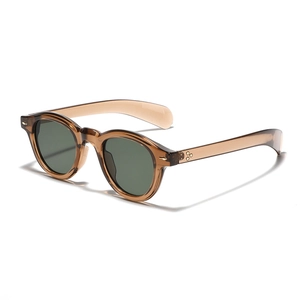 Vintage round tea amber sunglasses with dark green lenses shown at a 45-degree angle