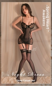 Detailed view of sexy black lace bodysuit with garters and matching thigh-high stockings