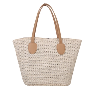 Large capacity woven straw beach bucket bag with brown handles in beige color