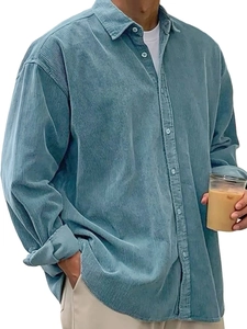 Men's blue corduroy long sleeve shirt featuring a vintage texture and relaxed fit