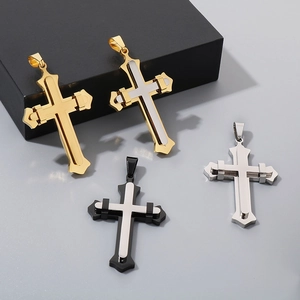 Double-layer vintage stainless steel cross pendant necklaces in four metal color variants