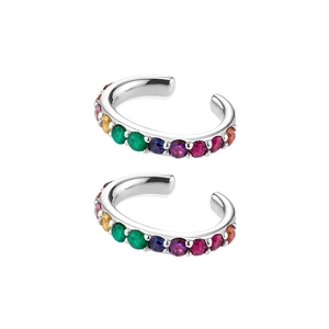 Détail de boucles d'oreilles ear cuffs argentées avec un arc-en-ciel de pierres colorées