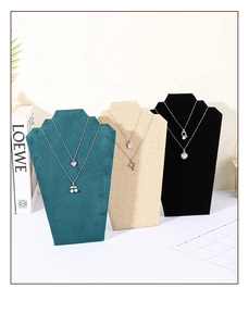 Three premium velvet and linen necklace display busts in green, beige and black