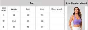 Size guide for high-impact sports bra showing measurements for S, M, and L sizes