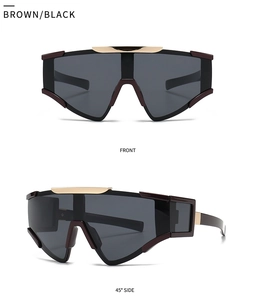 Front and side view of brown and black oversized wrap sunglasses with gold accents