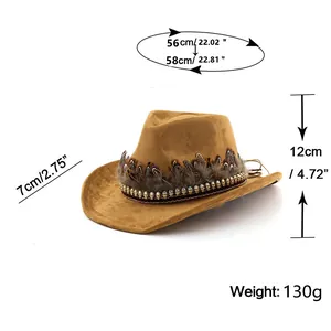 Detailed size chart for the brown suede cowboy hat showing height and brim measurements