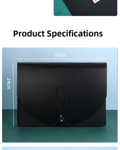 Detailed size view of black PP accordion file folder with elastic buckle closure