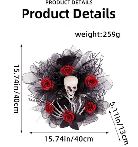 Detailed view of Halloween wreath with red roses and white skull on black mesh