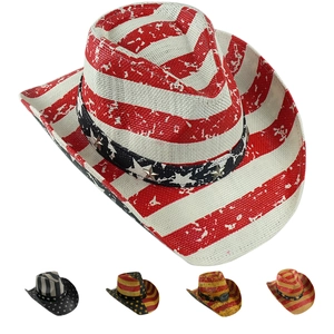 Classic American flag style woven western cowboy hat with silver star buckle and wide brim