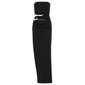 Detail of black cut-out maxi dress featuring dual metal rings and ruched fabric texture
