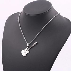 Silver electric guitar pendant necklace shown on a black mannequin neck with box chain