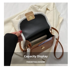 Internal capacity display of a brown vintage crossbody bag with fuzzy faux shearling trim