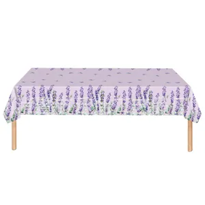 Detailed lavender field print on rectangle purple tablecloth with blue butterflies