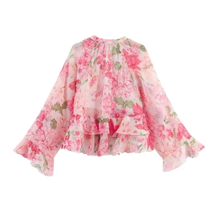 Women's floral print chiffon blouse with layered ruffles and long flare sleeves
