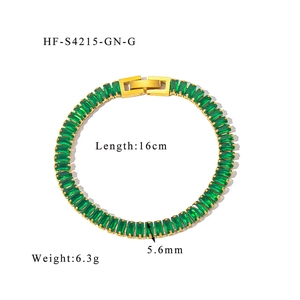 Detail view of 18K gold plated tennis bracelet with green emerald-cut zircon stones