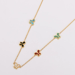 Colorful butterfly pendant necklace with gold chain and multi-color enamel charms