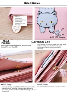 Detail display of pink wallet featuring cute cat patchwork and bow hardware zipper pull