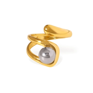 Asymmetric 18K gold plated stainless steel ring with polished silver-tone bead