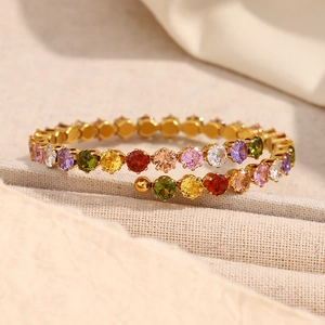 Elegant double-layered 18K gold plated stainless steel bracelet with colorful zircon stones