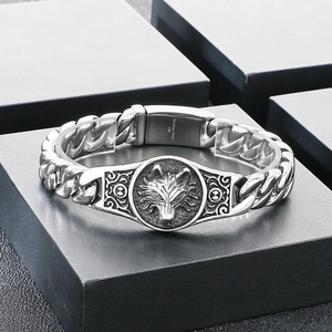 Men's punk wolf head medallion bracelet in antique silver stainless steel cuban link