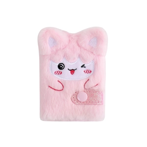 Detail of pink plush notebook with 3D cartoon animal ears and glitter snap closure button