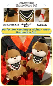 Close-up of graduation otter plush with black cap, scarf and white scroll certificate