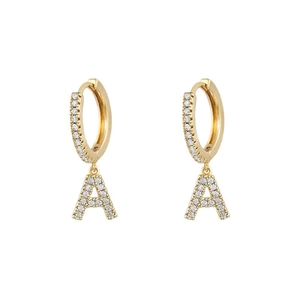 Sparkling gold letter A hoop earrings featuring pave-set white cubic zirconia stones