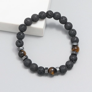 8mm minimalist black lava rock and tiger eye beaded stretch bracelet for men and women